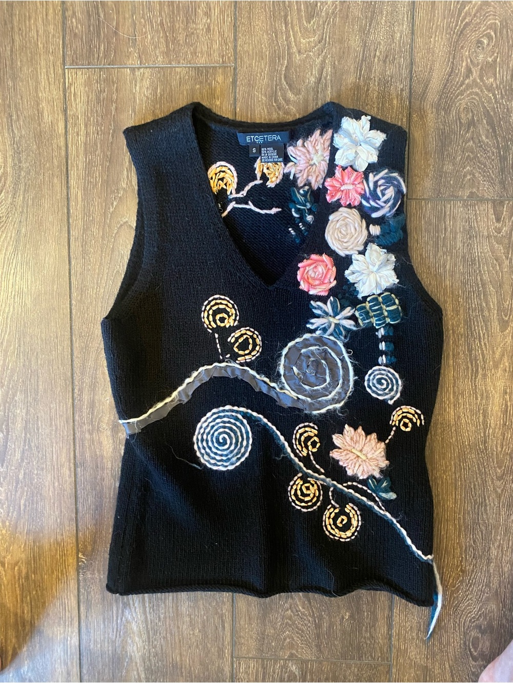 Etcetera Black V-Neck Embroidered Floral & Swirl Tank